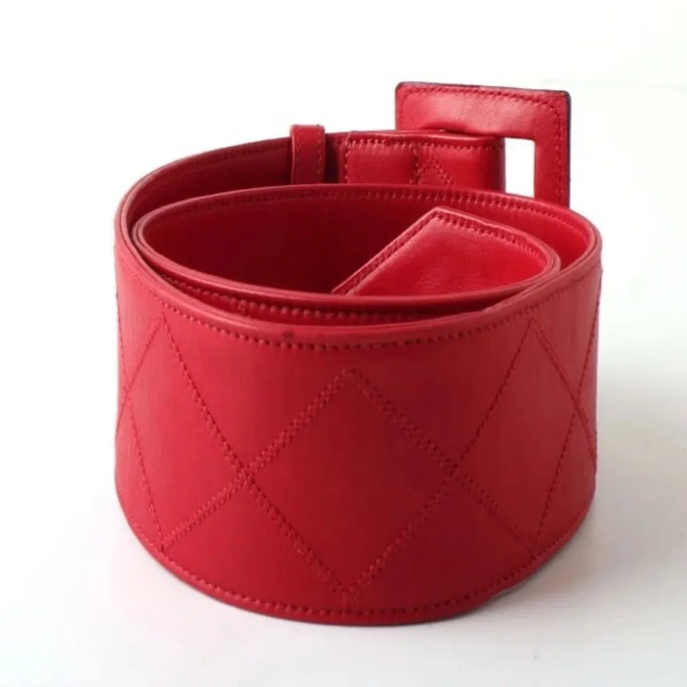 Authentic CHANEL wide red leather gold hardware vintage belt 80cm
